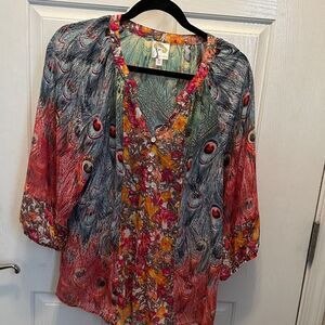 Anthropologie Fig and Flower Boho Bright Feather and Floral Print Blouse Size M
